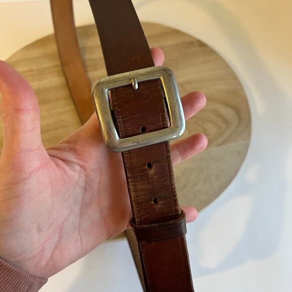 USA Made Brown Perfectly Worn in Leather Silver Square Buckle Belt Size Large - Picture 3 of 12